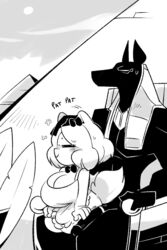 anthro anubian_jackal anubis big_breasts black_and_white breasts canine cleavage clothed clothing deity feline feline female gats jackal larger_male male mammal monochrome penis petting size_difference smaller_female sugar_(gats) sweat sweatdrop