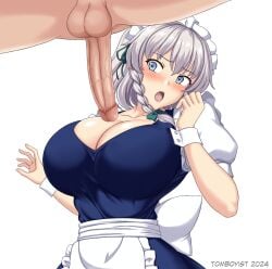 1boy 1girls 2024 alternate_breast_size apron artist_name artist_signature balls big_breasts big_penis blue_eyes blush blush breasts breasts_bigger_than_head cleavage cleavage_cutout clothed clothed_female clothing cuffs duo erect_penis female huge_breasts imminent_paizuri large_breasts looking_at_penis maid maid_headdress maid_uniform male nude nude_male open_mouth penis puffy_short_sleeves sakuya_izayoi shocked shocked_expression short_hair standing straight surprised tomboyist touhou uncensored white_background white_hair