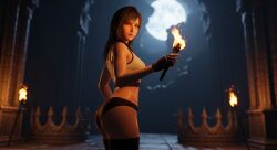 2025 3d black_hair dungeon final_fantasy final_fantasy_vii final_fantasy_vii_remake fit fit_female high_resolution highres hips leshay7 perfect_body red_eyes stockings sweat sweating tifa_lockhart topwear torch wet_clothes wet_skin