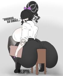 1girls ass ass_focus ass_too_big black_hair business_suit chair clipboard female goth massive_ass mini_giantess okioppai purple_bow secretary_goth_(okioppai) tall_girl