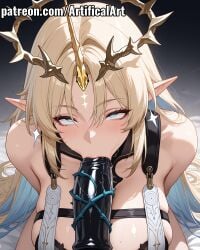 1girls ai_generated artifical_art bangs big_breasts blonde_hair blue_eyes blush cartethyia_(wuthering_waves) dildo dildo_in_mouth earrings elf elf_ears female_masturbation fleurdelys_(wuthering_waves) halo horn jewelry light-skinned_female light_skin long_hair masturbation milf oral oral_masturbation perfect_body pointed_ears rolling_eyes seductive_look sex_toy solo sucking sucking_dildo wuthering_waves
