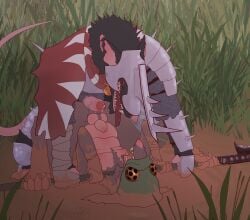ambiguous_fluids anthro armor balls bodily_fluids colored crouching dirty dlrp99 duo evil_face fangs forced foreskin from_front_position genital_fluids genitals grass hi_res looking_at_another lying male male/male mammal missionary_position mud muscular nipples on_back open_mouth penis plant precum rape rodent saliva sex signature skaven smile strangling struggling tail teeth tongue tongue_out uncircumcised warhammer_(franchise) weapon