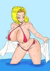 1girls android_18 big_breasts bikini blonde_female blonde_hair blonde_hair_female blue_eyes color color_edit colored colored_sketch colorshun dragon_ball dragon_ball_z female rubber sea short_hair thewritefiction