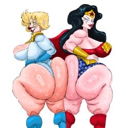 2girls adama39062 alien alien_girl ass ass_bigger_than_head ass_to_ass behind_view big_ass big_breasts big_butt black_hair blonde_hair blue_eyes bottom_heavy breasts bubble_butt clothing curvaceous curvy curvy_figure dc_comics female female_only hand_on_hip huge_ass huge_breasts lipstick long_hair looking_back mostly_clothed pawg power_girl puffy_lips red_lipstick superman_(series) sweat sweaty sweaty_butt sweaty_thighs thick_thighs voluptuous voluptuous_female white_background wide_hips wonder_woman wonder_woman_(series)