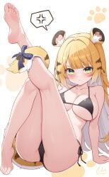 absurdres alternate_breast_size anger_vein angry animal_ears annoyed barefoot bikini black_bikini blonde_hair blush breasts closed_mouth colored_inner_hair feet female green_eyes highres ju_fufu knee_up large_breasts leg_up long_hair looking_at_viewer micro_bikini multicolored_hair origami_(poinia) paw_print paw_print_background side-tie_bikini_bottom sitting soles solo speech_bubble spoken_anger_vein striped_hair swimsuit tail tears tiger_ears tiger_girl tiger_stripes tiger_tail toes white_background white_hair young zenless_zone_zero