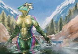 anthro argonian blue_markings bracelet breasts digital_media_(artwork) ear_fins female fin forest forest_background genitals glimmer-scales_(maaarked_one) gold_(metal) gold_jewelry green_body jewelry jewelry_only kronte lizard markings microsoft mountain mountain_background nature nature_background nipples non-mammal_breasts nude nude_anthro nude_female partially_submerged plant pond purple_markings pussy reptile scales scalie solo spiked_tail spikes spikes_(anatomy) tail the_elder_scrolls tree vulva water yellow_eyes