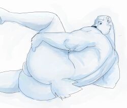 anthro ass backsack balls beartic big_butt black_nose cupcake2007 fur generation_5_pokemon genitals grey_(cupcake2007) looking_at_viewer looking_back looking_back_at_viewer male muscular muscular_anthro muscular_male nintendo nude_anthro nude_male pokemon pokemon_(species) rear_view solo tail white_body white_fur