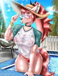 bikini black_choker cream_fur furry furryfication goddess_of_victory:_nikke happy joeywolf_art joeywolf_art(artist) nikke pool rapi_(nikke) rapi_(red_hood)_(nikke) rapi_(red_hood)_(red_flavor)_(nikke) red_bikini red_eyes red_hair straw_hat sunglasses wet wet_body wet_clothes wet_shirt