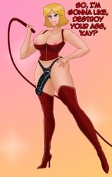1girls 2d aged_up big_breasts big_breasts black_strap-on blonde_female blonde_hair blonde_hair blonde_hair_female blue_eyes boots bra breasts breasts canonlewd clover_(totally_spies) dildo dominant_female dominatrix english english_text female femdom high_heel_boots high_heels imminent_pegging leotard looking_at_viewer red_boots red_leather short_hair short_hair_female strap-on strapon tagme talking_to_viewer teasing text thigh_boots thighhigh_boots totally_spies whip