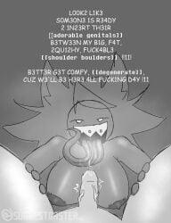 1boy1girl bedroom_eyes big_breasts braces cat_ears cock dialogue dick dominant_female female holding_thighs long_tongue male paizuri penis reese_(suggestoaster_) sharp_teeth small_penis spread_legs suggestoaster_ tag_your_shit text thighs