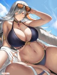 baldr_(fire_emblem_heroes) bare_shoulders bikini black_swimsuit breasts fire_emblem fire_emblem_heroes huge_breasts large_breasts nintendo orange_eyes orange_hair sole_female summer sunglasses swimsuit tempurachronos thighs white_hair yellow_eyes