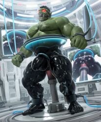 2022 anal anal_sex ankle_cuffs anthro areola arm_hair back_muscles balls biceps black_bodysuit black_claws black_clothing black_hair black_skinsuit bodily_fluids body_hair bodysuit cable claws clothing cuff_(restraint) cuffed_ankles dildo dildo_in_ass dildo_insertion drooling electronics eyewear facial_hair finger_claws five_o'clock_shadow gag gagged genitals green_areola green_balls green_body green_nipples green_skin hair handcuffed handcuffs happy_trail hi_res humanoid laboratory low-angle_view male metal_cuffs monitor musclegut muscular muscular_humanoid muscular_male muscular_thighs navel nipples object_in_ass pecs penetration penis penis_cuff rear_view red_visor restraints saliva sex_toy sex_toy_in_ass sex_toy_insertion skinsuit solo sweat takahirosi tight_clothing tusks vein veiny_muscles veiny_penis worm's-eye_view