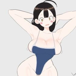 1girl 1girls ahoge akisas99 arm_behind_head armpit armpit_crease armpit_peek armpits arms_behind_head ass_visible_from_the_front ass_visible_through_thighs background big_boobs big_breasts bikini blank_background blue_bikini blue_one-piece_swimsuit blue_swimsuit blue_swimwear breasts brown-eyed_female brown-haired_female brown_eyebrows brown_eyes brown_hair busty busty_female busty_girl curvaceous curvaceous_body curvaceous_female curvaceous_figure curvaceous_hips curvy curvy_body curvy_female curvy_figure curvy_hips exposed hairless_armpits half_naked half_nude hand_behind_head hands_behind_head huge_boobs huge_breasts inguinal_crease inguinal_ligament large_boobs large_breasts lean_figure monotone_background naked naked_female naked_woman narrow_waist nude nude_female nudity oc one-piece_swimsuit one_color_background open_mouth original original_art original_artwork original_character original_female_character parted_lips partially_undressed plain_background plump_breasts posing posing_for_the_viewer posing_naked posing_nude presenting_armpit semi_nude shaved_armpits slender_body slender_waist slim_female slim_waist solid_color_background swimsuit swimwear thigh_gap white_background