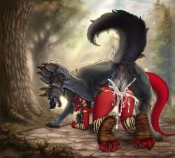 absurd_res all_fours anthro anthro_on_feral anthro_penetrated anus arm_wraps balls balls_deep black_claws black_hair blue_eyes bodily_fluids bodypaint breasts canid canine canis claws clitoral_hood clitoris collar cum cum_explosion cum_in_vagina cum_inside cumming_while_penetrating curling_toes cut_ear day dragon duo erection feet female female_penetrated feral feral_penetrating feral_penetrating_anthro fluffy fluffy_tail foot_wraps forest forest_background forked_tongue genital_fluids genitals green_stripes hair hi_res humanoid_genitalia humanoid_vulva interspecies knotting larger_feral leg_wraps light light_beam long_hair long_tail looking_at_another looking_at_genitalia looking_at_partner male male/female male_penetrating male_penetrating_female mammal mythological_creature mythological_scalie mythology nature nature_background open_mouth orange_stripes outside_sex pawpads penetration penile penile_penetration penis plant ponytail pussy raised_leg raised_tail red_body scalie sex sharon_medley sharp_teeth signature size_difference smile stretched_pussy stripes studded_collar studs sunbeam sunlight tail tail_anus teeth thrust_lines tongue tongue_out tree vaginal_penetration vulva war_paint wolf wraps yaoifairy yellow_eyes zoophilia