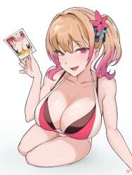 1girls arm_support bare_arms bare_belly bare_chest bare_hands bare_hips bare_knees bare_legs bare_midriff bare_navel bare_shoulders bare_skin bare_thighs bikini bikini_bottom bikini_only bikini_top breasts brown_eyebrows brown_hair brown_hair_female busty busty_female busty_girl character_request cleavage collarbone copyright_request elbows exposed_arms exposed_belly exposed_chest exposed_hips exposed_legs exposed_midriff exposed_navel exposed_shoulders exposed_skin exposed_thighs eyebrows_visible_through_hair female female_focus female_only fingernails fingers flower flower_hair_ornament flower_in_hair flower_on_head fukuya_art hair_between_eyes hair_ornament hair_ornaments halterneck high_resolution highres knees large_breasts lean_figure long_hair looking_at_viewer narrow_waist open_mouth open_mouth_smile parted_lips pink_eyes pink_eyes_female ponytail shoulders side_ponytail simple_background sitting sitting_on_floor sitting_on_ground slender_body slender_waist slim_waist smile smiley_face smiling smiling_at_viewer solo swimsuit swimwear thick_thighs thighs tongue upper_body white_background