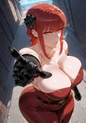 ai_generated big_breasts chainsaw_man dress huge_breasts makima_(chainsaw_man) pointing red_dress thick wide_hips