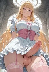 1futa ai_generated balls big_penis blonde_hair blue_eyes corset dress erection frills from_below futa_only futanari garter_straps hime_cut hime_girl_(jamesbron) intersex jamesbron large_penis legwear long_hair looking_at_viewer mature_futa medium_breasts no_panties penis penis_focus penis_under_dress pink_stockings pink_thighhighs precum precum_drip smug solo solo_futa standing stockings taker_pov thick_thighs thighhighs thighs white_dress wide_hips