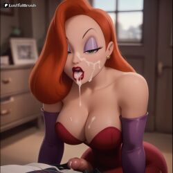 after_fellatio after_oral ai_generated blowjob_face cum_dripping cum_in_mouth gloves huge_breasts jessica_rabbit lustfulbrush office perfect_body red_hair slim_waist thick_thigh who_framed_roger_rabbit
