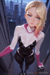 2025 ai_generated animification asymmetrical_hair blonde_hair blue_eyes blush bodysuit breasts city covered_navel doorway eyebrow_piercing female female female_focus gwen_stacy gwen_stacy_(spider-verse) hood hood_down hooded_bodysuit lips looking_at_viewer marvel marvel_comics medium_breasts nsfw piercing rognezart short_hair skin_tight solo spider-gwen spider-gwen_(spider-verse) spider-man spider-man:_across_the_spider-verse spider-man_(series) standing superhero undercut