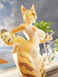 3:4 3d_(artwork) ass beach big_breasts big_butt blender_(artwork) blender_cycles breasts digital_media_(artwork) felid feline female hi_res looking_at_viewer mammal mereo mihoyo nude_beach pulchra_fellini solo thiren zenless_zone_zero