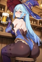 1girls ai_generated aqua_(konosuba) ass ass_focus back_view bar_counter bar_stool beer big_breasts big_smile breasts cosplay drunk fat_ass female female_only holding_beer huge_ass kono_subarashii_sekai_ni_shukufuku_wo! light-skinned_female looking_at_viewer looking_back low-angle_view medium_breasts mona_(genshin_impact) mona_(genshin_impact)_(cosplay) sitting sitting_on_chair smile solo tavern thick_thighs thighhighs tight_clothing witch_hat