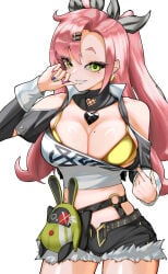 1girl absurdres amillion_(zenless_zone_zero) bangboo_(zenless_zone_zero) big_breasts bikini bikini_under_clothes black_shorts breasts cleavage colored_nails commentary crop_top e-diot english_commentary gold_bikini golden_week hair_ornament hairclip heart heart_necklace highres jewelry large_breasts long_hair long_nails looking_at_viewer midriff mole mole_on_breast mole_under_eye multiple_moles necklace nicole_demara painted_nails pink_hair short_shorts shorts simple_background smile solo swimsuit tank_top twintails very_long_hair white_background white_tank_top zenless_zone_zero