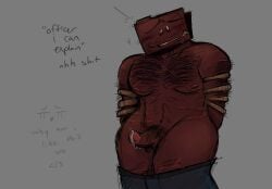 body_hair bondage colored cum cum_drip folder gray_background male male_only nervous nervous_smile object_head oc penis rope rope_bondage