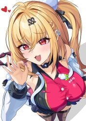 1girls absurdres ahoge bare_shoulders big_breasts blonde_hair blowjob_gesture blush breasts brown_thighhighs cissia_(zenless_zone_zero) colored_nails commentary_request detached_sleeves female female_only fingernails from_above hair_between_eyes hair_ornament hairclip heart highres large_breasts long_hair long_nails looking_at_viewer metal_wrist_cuffs oerba_yun_fang ok_sign ouichi painted_nails purple_nails red_eyes shock_collar simple_background snake snake_girl snake_tail solo tail thighhighs white_background white_snake zenless_zone_zero