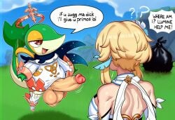 2025 ai_generated anthro balls big_balls big_penis blonde_hair breasts clothed clothing dialogue english_text erection female feral flower generation_5_pokemon genitals genshin_impact grass gynomorph hair hellsonger hi_res huge_cock humanoid_genitalia humanoid_penis intersex lumine_(genshin_impact) mammal mihoyo nintendo open_mouth outside paimon_(genshin_impact) paimon_(genshin_impact)_(cosplay) penis plant pokemon pokemon_(species) question_mark sky snivy solo speech_bubble text vein white_dress