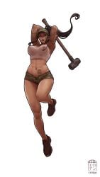 absurd_res action_pose angry angry_face athletic athletic_female bodypaint camo erodun female female_only goddess hat highres huge_breasts jumping large_breasts leaping ponytail screaming see-through see-through_clothing sledgehammer tagme tank_top tattoo tattoos thick_thighs unzipped_pants young_gods