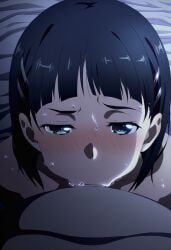 1girls ai_generated aibooby black_hair blush green_eyes kirigaya_suguha oral oral_sex questionable_consent short_hair sweat sword_art_online