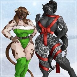 1:1 2023 2_horns 2girls 3_fingers anthro areola areola_slip big_breasts black_body black_collar black_fur black_hair blizzard_entertainment bovid bovine breasts brown_body brown_fur brown_hair christmas christmas_clothing cleavage clothed clothing collar duo ebon_thundermoon female female_only fingers fur green_clothing green_eyes green_legwear green_leotard green_thigh_highs hair hair_over_eye hands_on_hips hi_res holidays horn kvie_cloverhoof_(kvie) legwear leotard long_hair looking_at_viewer mammal markings muscular muscular_female one_eye_obstructed planktonheretic red_eyes red_ribbon ribbons skimpy smiling smiling_at_viewer standing tail tauren thick_thighs thigh_highs tribal tribal_markings warcraft wide_hips
