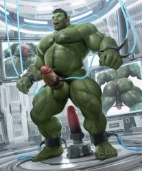 2022 ankle_cuffs areola arm_hair back_muscles balls bara barazoku biceps black_claws black_hair black_nails black_toenails bodily_fluids body_hair cable claws colored_nails cuff_(restraint) cuffed_ankles cum dildo ear_piercing ear_ring electronics facial_hair feet finger_claws five_o'clock_shadow genital_fluids genitals green_areola green_balls green_body green_nipples green_skin hair handcuffed handcuffs happy_trail hi_res humanoid laboratory leaking_cum leg_hair low-angle_view male metal_cuffs monitor musclegut muscular muscular_humanoid muscular_male muscular_thighs nails navel nipples orc pecs penis penis_cuff piercing rear_view restraints ring_piercing sex_toy solo takahirosi toenails toes tusks vein veiny_muscles veiny_penis worm's-eye_view