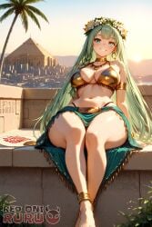 1girls ai_generated background bangs big_breasts blue_eyes breasts brown_dust_2 cleavage day daytime egyptian egyptian_clothes feet female glossy glossy_skin gold_jewelry golden_bikini green_hair huge_breasts legs palm_tree paper_fan pyramid red_oni_ruru river sitting venaka_(brown_dust) watermark