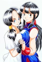 2girls area5169458561 breasts chichi dragon_ball dragon_ball_z female holding_hands hug huge_breasts videl