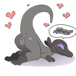 1girls anthro anthrofied anus ass blush female giggle heart itsunknownanon nintendo pokemon pokemon_(species) pokemon_sm presenting presenting_hindquarters pussy pussy_juice salandit scalie solo text video_games wet