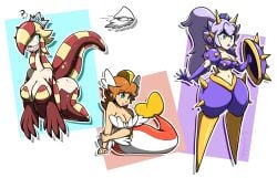 3girls after_transformation alternate_species blooper blue_eyes chabble cheep_cheep crown eel female female_focus fish green_eyes mario_(series) merfolk mermaid mermaid_tail png princess_daisy princess_peach princess_rosalina purple_hair sharp_claws sharp_teeth shield spikes transformation unagi_(mario) urchin_(mario)