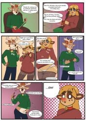 absurd_res after_transformation alternate_species anthro antlers areola arm_around_shoulders bell bell_collar big_breasts blonde_hair blush bodily_fluids bottomless bottomless_female bovid bovine breasts brown_hair cattle clothed clothing collar collar_only comic deer dialogue discarded_clothing duo embarrassed english_text female female/female fur gender_transformation hair hi_res hooves horn huge_breasts lactating mammal markings moomaid mtf_transformation new_world_deer nipples nude reindeer smile spots spotted_body spotted_fur sweater teats text topwear transformation udders undressing_another wide_hips