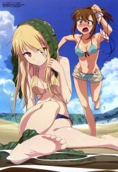 10s 2girls absurdres angry aoyama_nanami arm_up armpits barefoot bikini bikini_under_clothes blonde_hair blue_bikini blush breasts brown_hair building censored cleavage cloud convenient_censoring cutoffs day denim denim_shorts feet female foreshortening fujii_masahiro hair_censor hair_over_breasts hair_over_one_eye high_ponytail highres holding leaning_forward leg_lift long_hair looking_at_viewer medium_breasts megami_magazine mountain multiple_girls navel non-web_source object_on_head ocean official_art on_ground open_fly orange_eyes outdoors outstretched_arm ponytail running sakura-sou_no_pet_na_kanojo sand scan seaweed shiina_mashiro short_shorts shorts side-tie_bikini_bottom sideboob sidelocks sitting sky soaking_feet soles string_bikini swimsuit swimsuit_under_clothes toes topless_female unbuttoned underboob unworn_bikini_top unzipped water wet wet_hair yellow_eyes