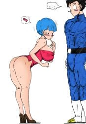 1boy 1girls big_ass big_breasts big_butt black_hair blue_eyes blue_hair breasts bulma_briefs color color_edit colored_sketch colorshun dragon_ball dragon_ball_z female female_focus male male/female muscular muscular_male red_clothing rubber son_gohan thewritefiction