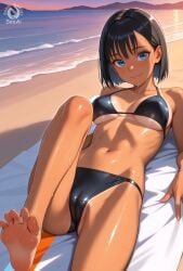 1girls ai_generated bikini cameltoe feet feet_up foot_fetish knee_up kofune_mio looking_at_viewer lying medium_breasts on_towel seacreator smile soles solo summertime_render tan tan-skinned_female tan_body tan_skin tanline tanned tanned_skin toes towel wet