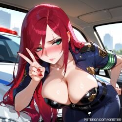 1girls ai_generated ass bending_forward bending_over bent_over big_ass big_breasts big_butt blush blush_lines blushing_female bra breasts cleavage eye_scar female female_focus female_only green_eyes hand_on_hip huge_ass huge_boobs huge_breasts huge_butt kaistar katarina_du_couteau large_ass large_boobs large_breasts large_butt league_of_legends league_of_legends:_wild_rift light-skinned light-skinned_female light_skin looking_away patreon peace_sign police police_uniform policewoman red_hair riot_games scar shiny shiny_skin shy solo solo_female solo_focus underwear