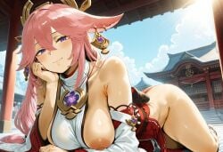 ai_generated areolae big_ass gaping gaping_anus gaping_pussy genshin_impact large_areolae large_breasts pink_hair temple yae_miko