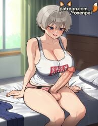 1futa 2025 ai_generated artist_name bare_shoulders bed big_breasts big_breasts big_chest blue_eyes blush breasts breasts breasts bust busty chest cleavage clothes_writing cock cum dick erection eyebrows_visible_through_hair foxenpai futanari grey_hair hi_res high_quality high_resolution highres huge_cock indoors large_breasts large_penis looking_at_viewer open_mouth panties patreon patreon_username penis precum short_hair sitting smile stable_diffusion sweat tank_top testicles uncensored underwear uzaki-chan_wa_asobitai! uzaki_hana veins veiny_penis watermark window