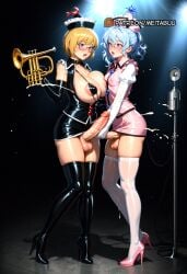 2girls ai_generated alternate_costume areola_slip asymmetrical_docking balls black_footwear black_gloves black_headwear black_skirt black_thighhighs blonde_hair blue_eyes blue_hair blush boots breast_press breasts brown_hair covered_nipples crescent cum ejaculation elbow_gloves erection female foreskin full_body futa_with_futa futanari glasses gloved_handjob gloves hair_between_eyes handjob hat high_heel_boots high_heels holding incest instrument intersex keyboard_(instrument) large_breasts large_penis large_testicles long_sleeves lunasa_prismriver lyrica_prismriver meitabuu merlin_prismriver microphone miniskirt multiple_girls nipples open_mouth penis pink_footwear pink_headwear pink_shirt pink_skirt pink_vest projectile_cum shirt short_hair siblings sisters skirt small_breasts standing sweat swimsuit testicles thighhighs tight_foreskin tongue tongue_out trumpet uncensored uncircumcised veins veiny_penis vest white_gloves white_thighhighs