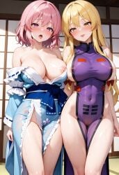 2girls ai_generated aroused aroused_female barely_clothed blonde_hair blue_kimono cameltoe dripping dripping_pussy horny horny_female indoors kimono large_breasts long_hair medium_hair naked_apron navel navel_visible_through_clothes nipple_slip nipples no_bra no_panties obi open_mouth pink_eyes pink_hair purple_tabard pussy_juice revealing_clothes saigyouji_yuyuko side-by-side smooth_skin standing sweat tabard tabard_with_breasts_exposed tears tongue tongue_out touhou wet wet_skin yakumo_yukari yellow_eyes yellow_hair yukari_yakumo yuyuko_saigyouji