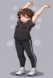 1boy ai_generated black_shirt bob_cut civitai original_character stretching_arms sweaty yoga_pants