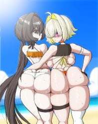 2girls arm_around_waist ass ass_to_ass beach big_ass bikini blonde_hair brown_hair bubble_butt dat_ass elegg_(nikke) fat_ass female female_only goddess_of_victory:_nikke huge_ass large_ass looking_at_viewer looking_back outdoors png sweat sweaty_ass sweaty_body swimsuit thick_ass thick_thighs trony_(nikke) wide_hips xelsword