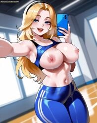 ai_generated armpit blonde_female blonde_hair blue_eyes breasts gym_clothes gym_uniform headband headwear league_of_legends leggings luxanna_crownguard nipples phone riot_games sixsix201 smartphone solo solo_female solo_focus sportswear sweat sweatdrop sweating sweaty sweaty_breasts tagme workout_clothes yoga_pants