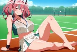 1girl ai_generated aimisaka arm_support azur_lane bare_legs bare_shoulders barefoot blue_sky blurry blurry_background blush breasts bremerton_(azur_lane) bremerton_(scorching-hot_training)_(azur_lane) chain-link_fence cleavage closed_mouth cloud collarbone collared_shirt crop_top crop_top_overhang day ear_piercing feet fence full_body green_shirt green_skirt grey_hair hair_between_eyes hair_intakes hair_ornament hairclip heart heart_necklace huge_breasts jewelry knee_up large_breasts leaning_back legs long_hair looking_at_viewer midriff miniskirt mole mole_under_eye multicolored_hair navel necklace official_alternate_costume outdoors patreon_url patreon_username piercing pink_eyes pink_hair pleated_skirt shadow shirt sidelocks sitting skirt sky sleeveless sleeveless_shirt smile solo sportswear streaked_hair sweatband tennis_racket tennis_uniform thick_thighs thighs toenails toes twintails twitter_username two-tone_hair two-tone_shirt two-tone_skirt watermark white_shirt white_skirt wristband x_hair_ornament